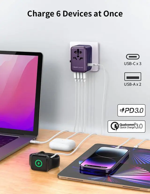 Alt view image 5 of 7 - MOMAX Universal Travel Adapter, 65W GaN Travel Plug Adapter with UK/EU/AU/US Plugs, 3USB-C PD & 2USB-A QC International Adapter Charger, International Converter for Laptops Tablets Phones-Purple