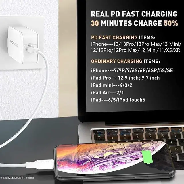 Alt view image 6 of 7 - MOMAX Universal Travel Adapter, 65W GaN Travel Plug Adapter with UK/EU/AU/US Plugs, 3USB-C PD & 2USB-A QC, USB C to Lightning Cable 1ft, MFi Certified (White)