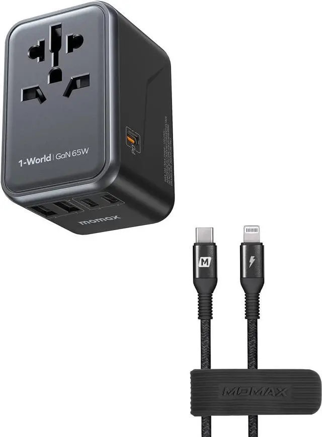 Main image of MOMAX Universal Travel Adapter, 65W GaN Travel Plug Adapter with UK/EU/AU/US Plugs, 3USB-C PD & 2USB-A QC, USB C to Lightning Cable Nylon Braided MFI Certified 1ft Short Charging Syncing Cord