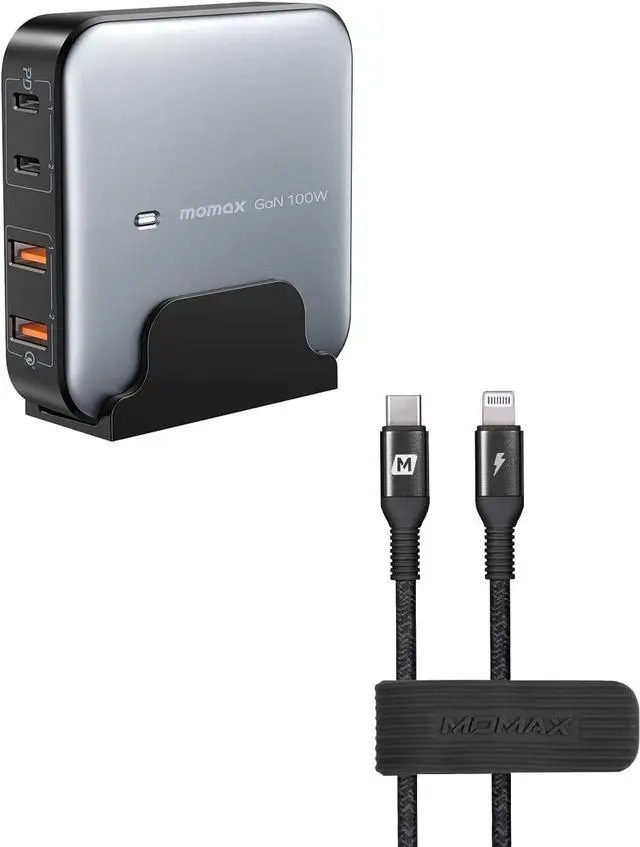 Main image of MOMAX USB C Charging Station, 100W GaN USB C Charger with 6.56ft Cord, Fast USB C PD Charger Hub with 2USB-C, 2USB-A, USB C to Lightning Cable Nylon Braided MFI 1ft Short Charging Syncing Cord