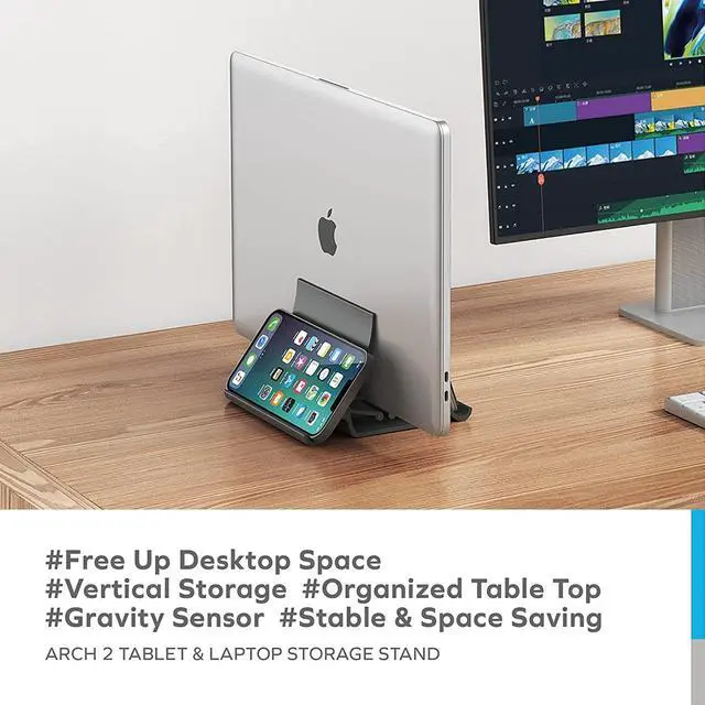 Alt view image 2 of 7 - MOMAX Smart LED Desk Lamp with Wireless Charger & Auto Locking Vertical Laptop Stand, Eye-Caring Auto-Dimming Lamp with Light Sensor, Voice & APP Control, USB Port, for Home Office, Reading, Studying