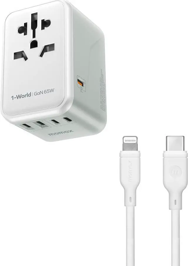 Main image of MOMAX Universal Travel Adapter, 65W GaN Travel Plug Adapter with UK/EU/AU/US Plugs, 3USB-C PD & 2USB-A QC, USB C to Lightning Cable 1ft, MFi Certified (White)