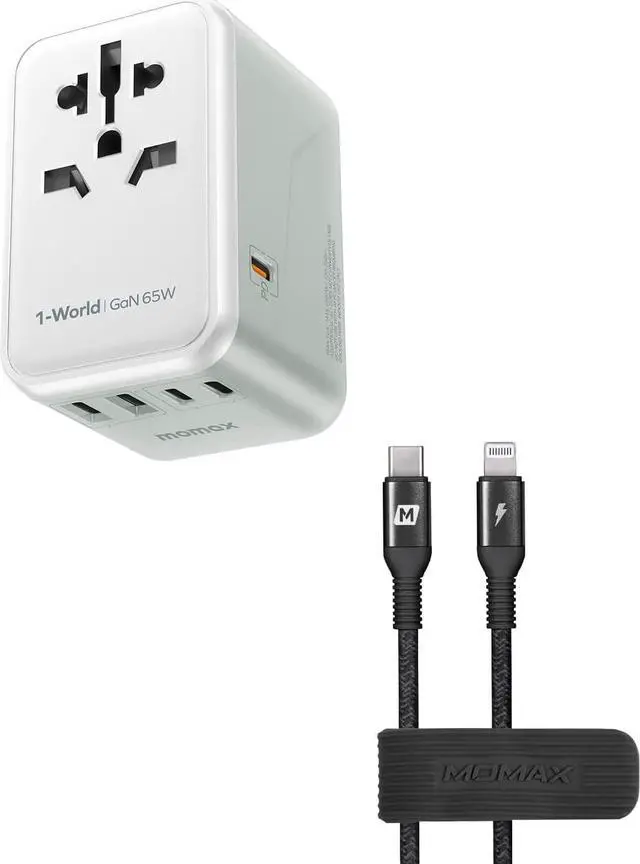 Main image of MOMAX Universal Travel Adapter, 65W GaN Travel Plug Adapter with UK/EU/AU/US Plugs, 3USB-C PD & 2USB-A QC, USB C to Lightning Cable Nylon Braided MFI Certified 1ft Short Charging Syncing Cord