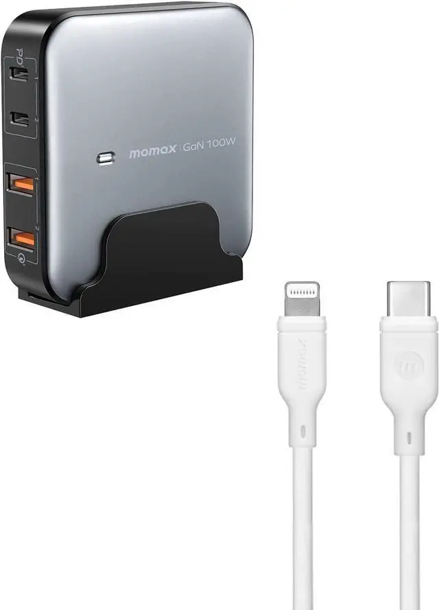 Main image of MOMAX USB C Charging Station, 100W GaN USB C Charger with 6.56ft Cord, Fast USB C PD Charger Hub with 2USB-C, 2USB-A, USB C to Lightning Cable, Short Power Delivery iPhone Charger Cable, MFi Certified