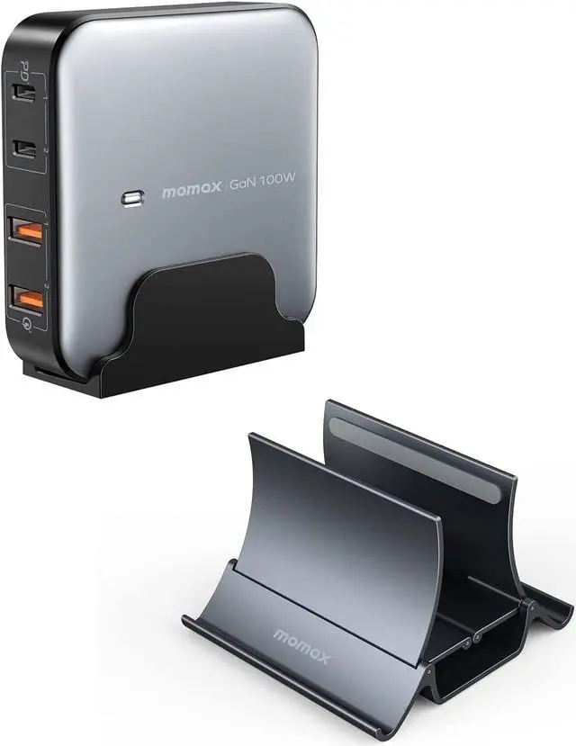 Main image of MOMAX USB C Charging Station, 100W GaN USB C Charger with 6.56ft Cord, Fast USB C PD Charger Hub with 2USB-C, 2USB-A, Vertical Laptop Stand Holder, Gravity Auto Locking Holder Storage Dock