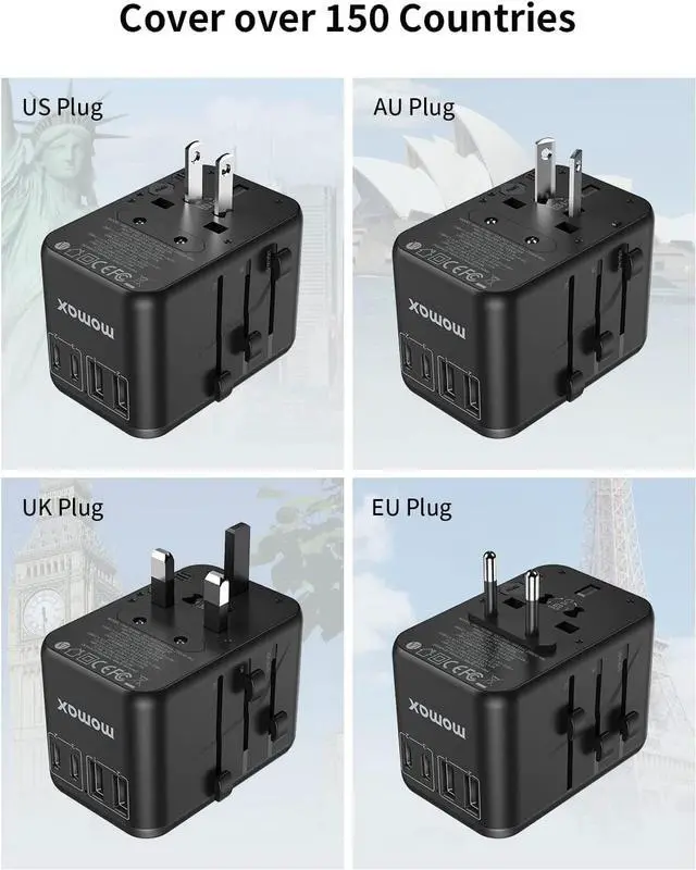 Alt view image 4 of 7 - MOMAX Universal Travel Adapter, 65W GaN Travel Plug Adapter with UK/EU/AU/US Plugs, 3USB-C PD & 2USB-A QC, USB C to Lightning Cable Nylon Braided MFI Certified 1ft Short Charging Syncing Cord