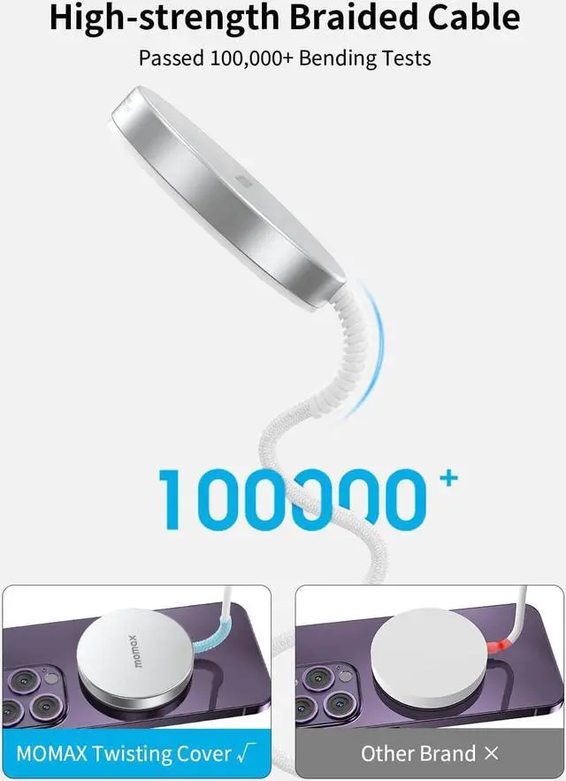 Alt view image 4 of 7 - MOMAX Magnetic Wireless Charger, 15W Fast Wireless Charging Pad USB C Wireless Charger for iPhone 14/Plus/13/12/Pro/Pro Max/AirPods Pro