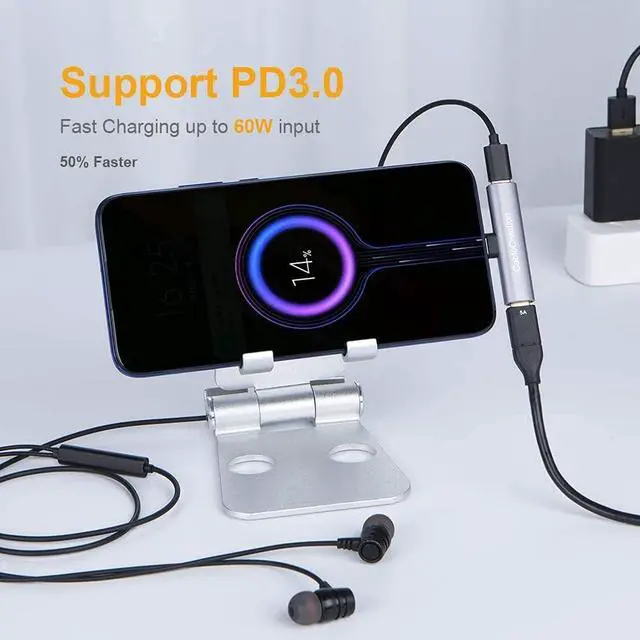 Alt view image 3 of 7 - USB Type C Splitter, CableCreation 2-in-1 USB C Audio and PD 60W Fast Charging, Compatible with New iPad Pro, MacBook Air, Galaxy Note 10, S9, S10, S20, S21 Ultra, Pixel 2 3 XL, Aluminum Gray