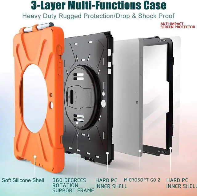 Alt view image 7 of 7 - Surface Go 3 Case 2021, Surface Go 2 Case 2020, Surface Go Case 2018 with Pen Holder Heavy Duty Shockproof Rugged Case with Stand Hand Strap and Shoulder Belt for Surface Go-Orange