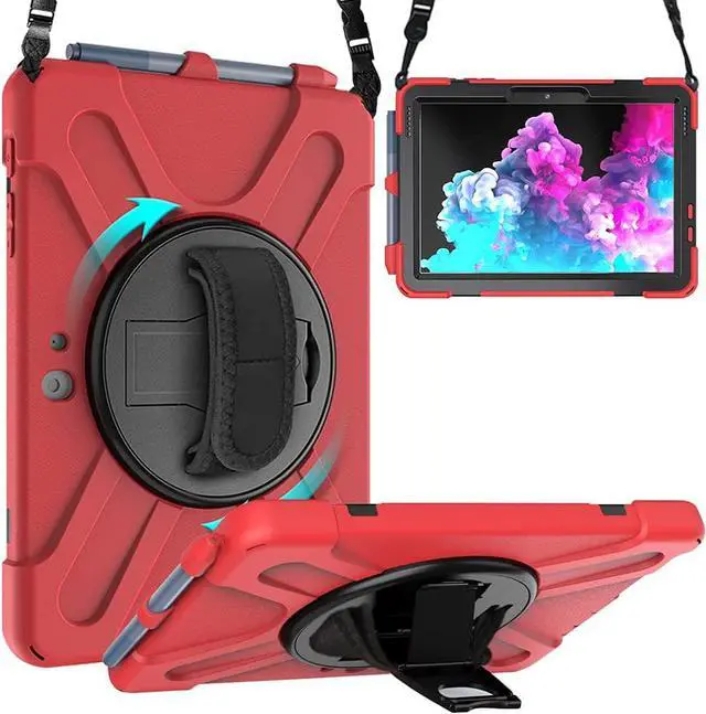 Main image of Surface Go 3 Case 2021, Surface Go 2 Case 2020, Surface Go Case 2018 with Pen Holder Heavy Duty Shockproof Rugged Case with Stand Hand Strap and Shoulder Belt for Surface Go-Red