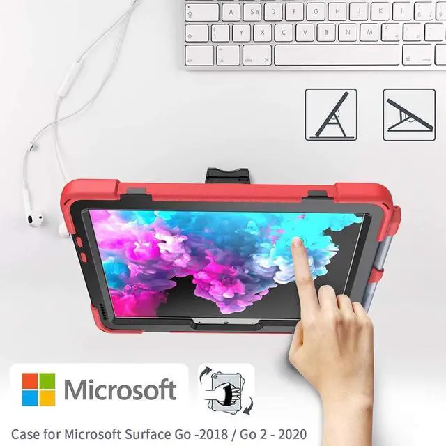 Alt view image 2 of 7 - Surface Go 3 Case 2021, Surface Go 2 Case 2020, Surface Go Case 2018 with Pen Holder Heavy Duty Shockproof Rugged Case with Stand Hand Strap and Shoulder Belt for Surface Go-Red