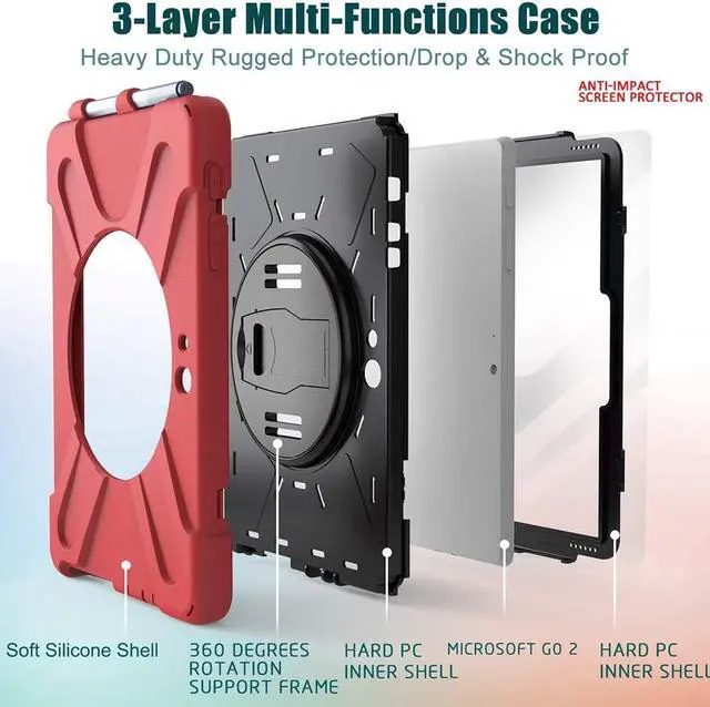 Alt view image 7 of 7 - Surface Go 3 Case 2021, Surface Go 2 Case 2020, Surface Go Case 2018 with Pen Holder Heavy Duty Shockproof Rugged Case with Stand Hand Strap and Shoulder Belt for Surface Go-Red