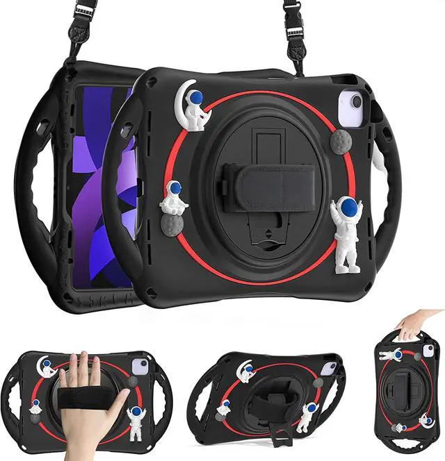 Main image of Kids Case for iPad Air 5th/ Air 4th Generation 10.9'', Shockproof Silicone Case with Pencil Holder Stand Hand Strap Shoulder Belt Handle Grip for iPad Air 10.9/ iPad Pro 11'', Black-Red