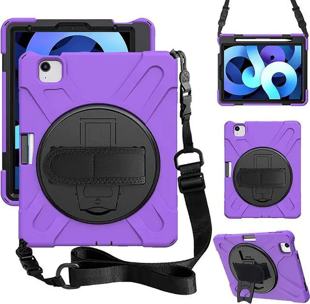Main image of iPad Air 5th Generation Case 2022, iPad Air 4th Generation 10.9 inch Case with Pencil Holder Stand Hand Strap Shoulder Belt Shockproof Case for iPad 10.9/ iPad Pro 11 2020/2018,Purple