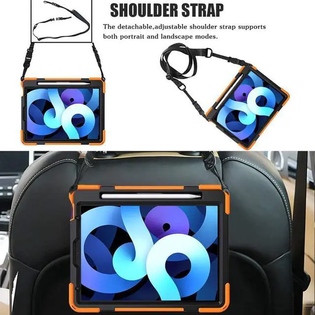 Alt view image 4 of 7 - iPad Air 5th Generation Case 2022, iPad Air 4th Generation 10.9 inch Case with Pencil Holder Stand Hand Strap Shoulder Belt Shockproof Case for iPad 10.9/ iPad Pro 11 2020/2018,Orange