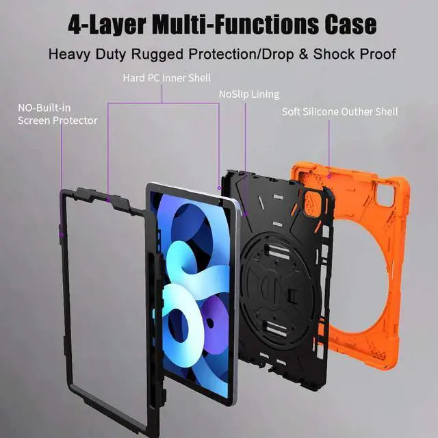 Alt view image 5 of 7 - iPad Air 5th Generation Case 2022, iPad Air 4th Generation 10.9 inch Case with Pencil Holder Stand Hand Strap Shoulder Belt Shockproof Case for iPad 10.9/ iPad Pro 11 2020/2018,Orange