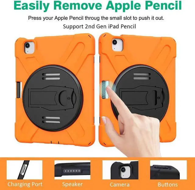 Alt view image 7 of 7 - iPad Air 5th Generation Case 2022, iPad Air 4th Generation 10.9 inch Case with Pencil Holder Stand Hand Strap Shoulder Belt Shockproof Case for iPad 10.9/ iPad Pro 11 2020/2018,Orange