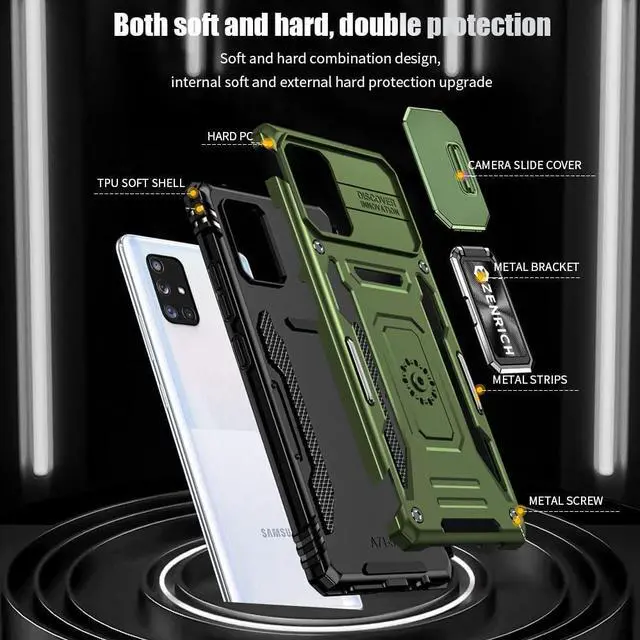 Alt view image 7 of 7 - Rugged Case for Samsung Galaxy A71 5G with Tempered Glass Screen Protector, Slide Camera Cover & Kickstand Case Dual Layer Military Grade Protective with Magnetic Holder, Navy Blue