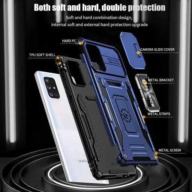Alt view image 7 of 7 - Rugged Case for Samsung Galaxy A71 5G with Tempered Glass Screen Protector, Slide Camera Cover & Kickstand Case Dual Layer Military Grade Protective with Magnetic Holder, Navy Blue