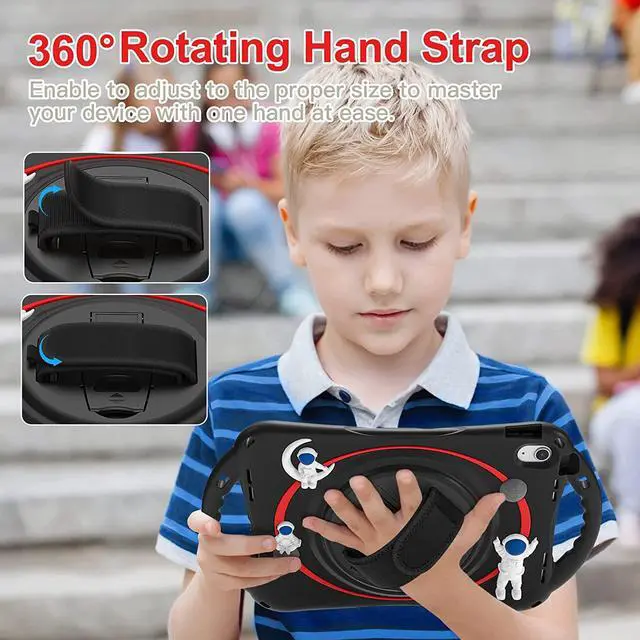 Alt view image 2 of 7 - iPad 10th Generation 10.9'' Kids Case, iPad 10th Gen 10.9 Rugged Shockproof Protective Rubber Case with Kickstand/Hand Strap/Shoulder Strap Handle Grip & Pencil Holder, Black