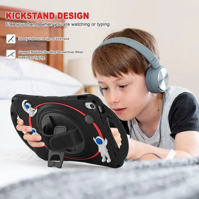 Alt view image 4 of 7 - iPad 10th Generation 10.9'' Kids Case, iPad 10th Gen 10.9 Rugged Shockproof Protective Rubber Case with Kickstand/Hand Strap/Shoulder Strap Handle Grip & Pencil Holder, Black