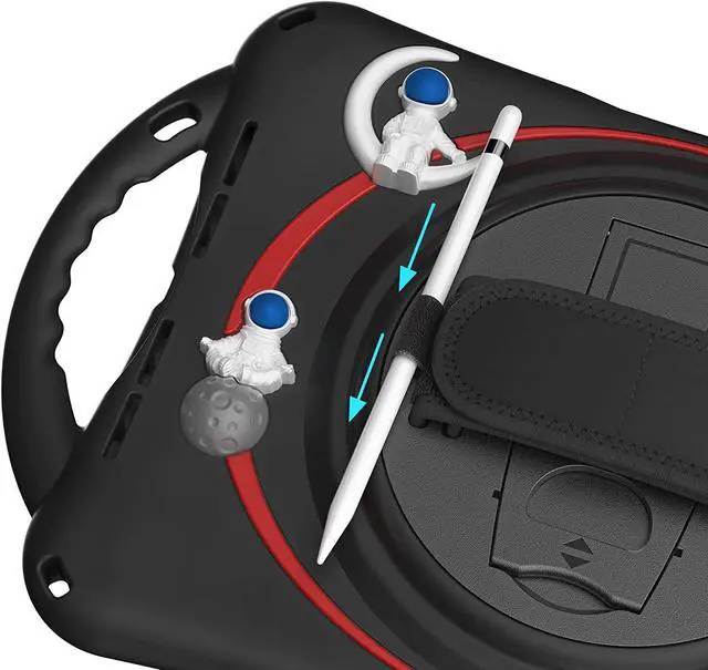 Alt view image 7 of 7 - iPad 10th Generation 10.9'' Kids Case, iPad 10th Gen 10.9 Rugged Shockproof Protective Rubber Case with Kickstand/Hand Strap/Shoulder Strap Handle Grip & Pencil Holder, Black