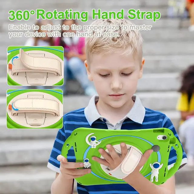 Alt view image 2 of 7 - iPad 10th Generation 10.9'' Kids Case, iPad 10th Gen 10.9 Rugged Shockproof Protective Rubber Case with Kickstand/Hand Strap/Shoulder Strap Handle Grip & Pencil Holder, Frog Green