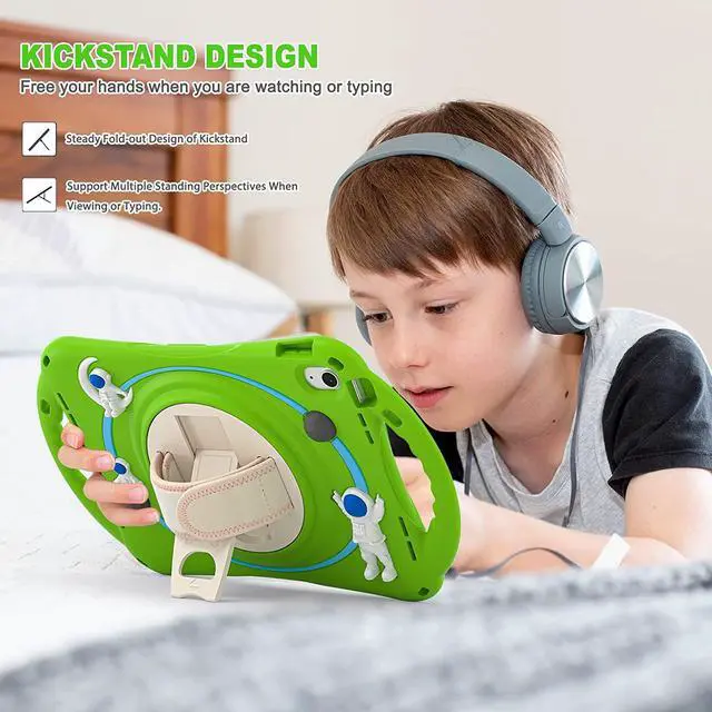 Alt view image 3 of 7 - iPad 10th Generation 10.9'' Kids Case, iPad 10th Gen 10.9 Rugged Shockproof Protective Rubber Case with Kickstand/Hand Strap/Shoulder Strap Handle Grip & Pencil Holder, Frog Green