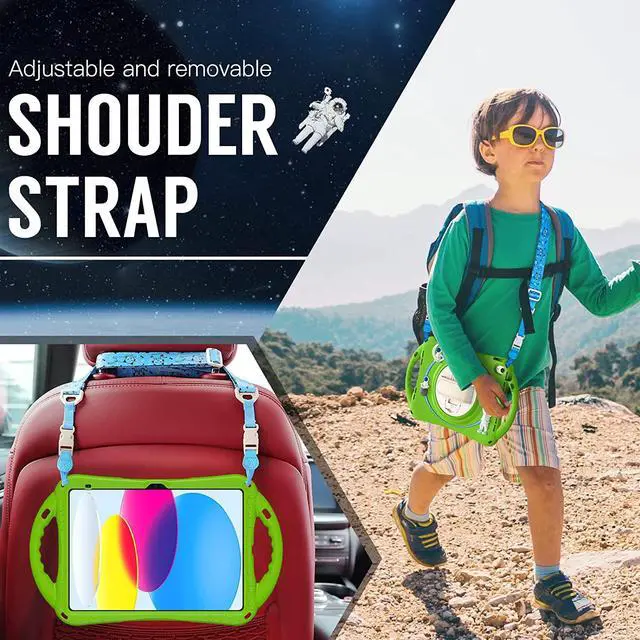 Alt view image 5 of 7 - iPad 10th Generation 10.9'' Kids Case, iPad 10th Gen 10.9 Rugged Shockproof Protective Rubber Case with Kickstand/Hand Strap/Shoulder Strap Handle Grip & Pencil Holder, Frog Green
