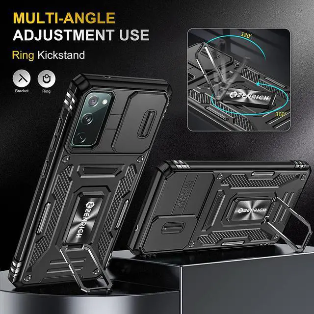 Alt view image 2 of 7 - Rugged Case for Samsung Galaxy S20 FE 5G/ S20 FE with Tempered Glass Screen Protector, Slide Camera Cover & Kickstand, Dual Layer Military Grade Case compatitable with Magnetic Holder, Black