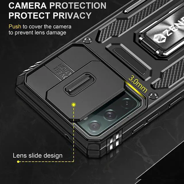 Alt view image 4 of 7 - Rugged Case for Samsung Galaxy S20 FE 5G/ S20 FE with Tempered Glass Screen Protector, Slide Camera Cover & Kickstand, Dual Layer Military Grade Case compatitable with Magnetic Holder, Black