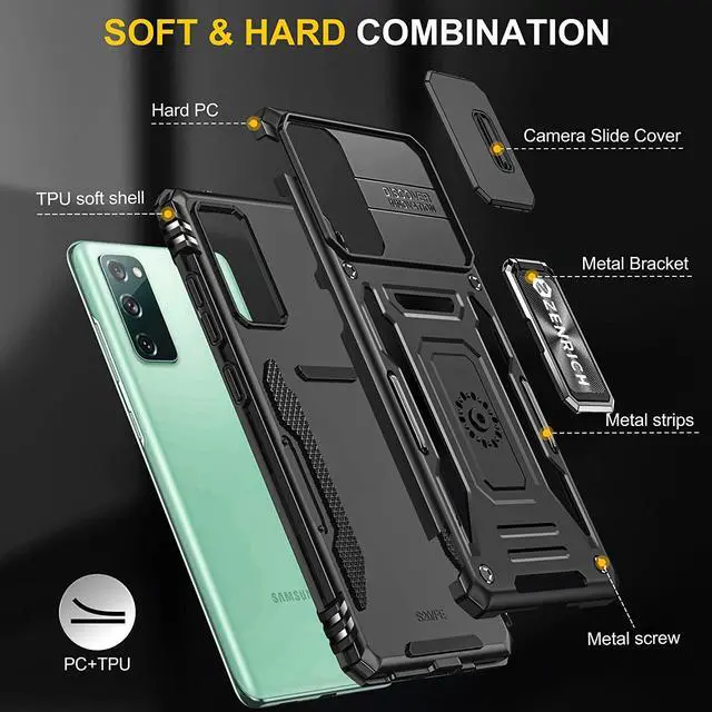 Alt view image 7 of 7 - Rugged Case for Samsung Galaxy S20 FE 5G/ S20 FE with Tempered Glass Screen Protector, Slide Camera Cover & Kickstand, Dual Layer Military Grade Case compatitable with Magnetic Holder, Black
