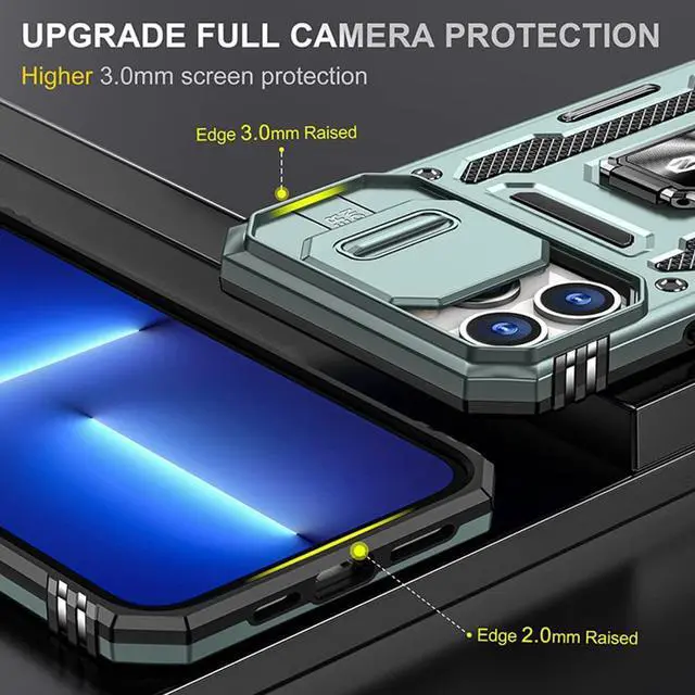 Alt view image 5 of 7 - Rugged Case for iPhone 13 Pro Max with Tempered Glass Screen Protector, Slide Camera Cover & Kickstand Military Grade Drop Proof Case Compatitable with Magnetic Holder, Alpine Green