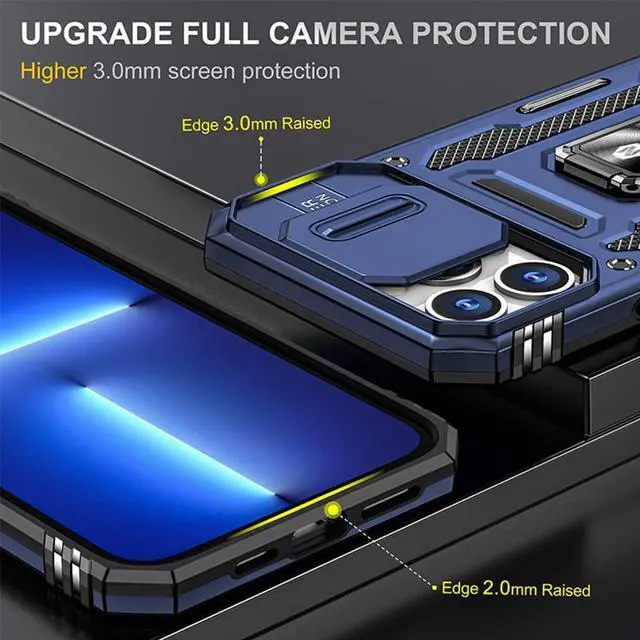 Alt view image 5 of 7 - Rugged Case for iPhone 13 Pro with Tempered Glass Screen Protector, Slide Camera Cover & Kickstand Military Grade Drop Proof Case Compatitable with Magnetic Holder, Navy Blue