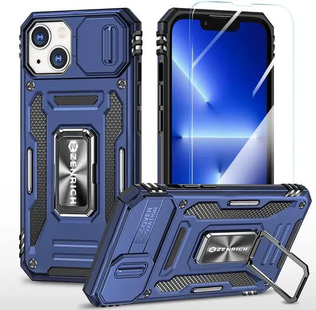 Main image of Rugged Case for iPhone 13 with Tempered Glass Screen Protector, Slide Camera Cover & Kickstand Military Grade Drop Proof Case Compatitable with Magnetic Holder, Navy Blue