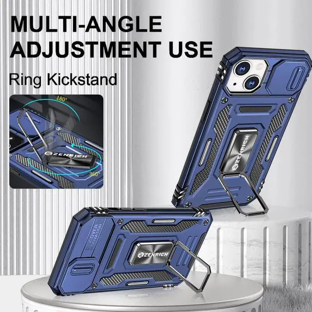 Alt view image 2 of 7 - Rugged Case for iPhone 13 with Tempered Glass Screen Protector, Slide Camera Cover & Kickstand Military Grade Drop Proof Case Compatitable with Magnetic Holder, Navy Blue