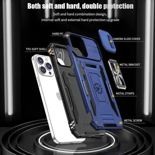 Alt view image 7 of 7 - Rugged Case for iPhone 13 with Tempered Glass Screen Protector, Slide Camera Cover & Kickstand Military Grade Drop Proof Case Compatitable with Magnetic Holder, Navy Blue