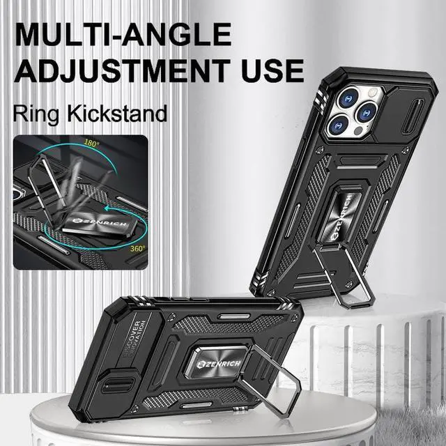 Alt view image 2 of 7 - Rugged Case for iPhone 13 Pro with Tempered Glass Screen Protector, Slide Camera Cover & Kickstand Military Grade Drop Proof Case Compatitable with Magnetic Holder, Black