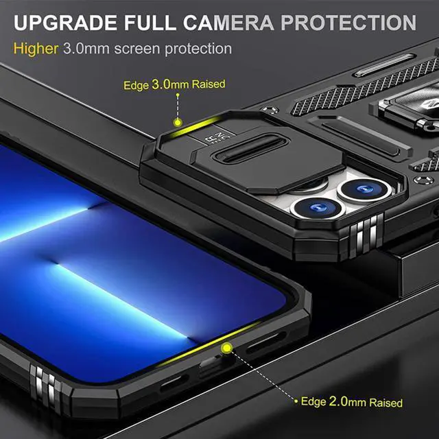 Alt view image 5 of 7 - Rugged Case for iPhone 13 Pro with Tempered Glass Screen Protector, Slide Camera Cover & Kickstand Military Grade Drop Proof Case Compatitable with Magnetic Holder, Black