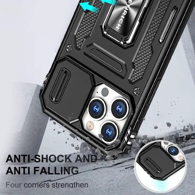 Alt view image 6 of 7 - Rugged Case for iPhone 13 Pro with Tempered Glass Screen Protector, Slide Camera Cover & Kickstand Military Grade Drop Proof Case Compatitable with Magnetic Holder, Black