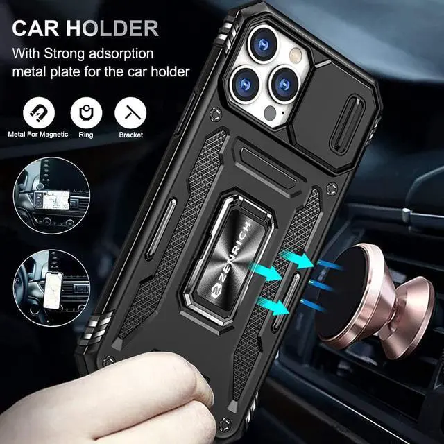 Alt view image 4 of 7 - Rugged Case for iPhone 13 Pro with Tempered Glass Screen Protector, Slide Camera Cover & Kickstand Military Grade Drop Proof Case Compatitable with Magnetic Holder, Black