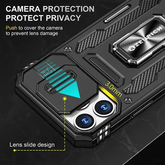 Alt view image 3 of 7 - Rugged Case for iPhone 13 Pro with Tempered Glass Screen Protector, Slide Camera Cover & Kickstand Military Grade Drop Proof Case Compatitable with Magnetic Holder, Black