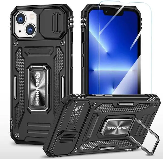 Main image of Rugged Case for iPhone 13 with Tempered Glass Screen Protector, Slide Camera Cover & Kickstand Military Grade Drop Proof Case Compatitable with Magnetic Holder, Black