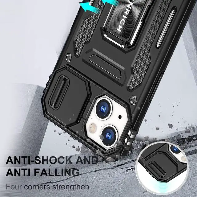 Alt view image 6 of 7 - Rugged Case for iPhone 13 with Tempered Glass Screen Protector, Slide Camera Cover & Kickstand Military Grade Drop Proof Case Compatitable with Magnetic Holder, Black