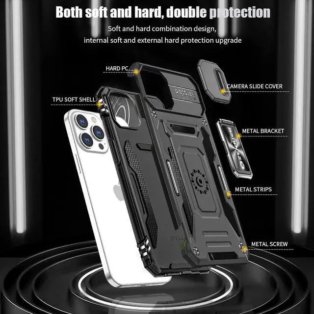 Alt view image 7 of 7 - Rugged Case for iPhone 13 with Tempered Glass Screen Protector, Slide Camera Cover & Kickstand Military Grade Drop Proof Case Compatitable with Magnetic Holder, Black