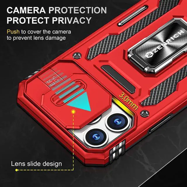 Alt view image 3 of 7 - Rugged Case for iPhone 13 Pro with Tempered Glass Screen Protector, Slide Camera Cover & Kickstand Military Grade Drop Proof Case Compatitable with Magnetic Holder, Red