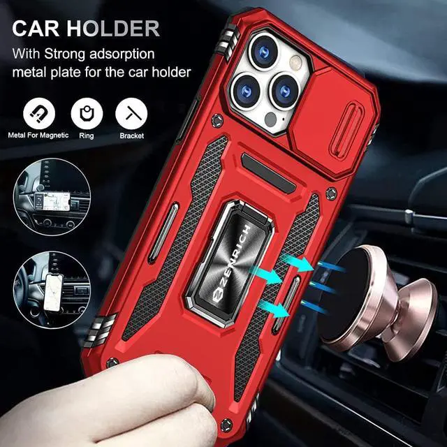 Alt view image 4 of 7 - Rugged Case for iPhone 13 Pro with Tempered Glass Screen Protector, Slide Camera Cover & Kickstand Military Grade Drop Proof Case Compatitable with Magnetic Holder, Red