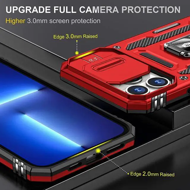 Alt view image 5 of 7 - Rugged Case for iPhone 13 Pro with Tempered Glass Screen Protector, Slide Camera Cover & Kickstand Military Grade Drop Proof Case Compatitable with Magnetic Holder, Red