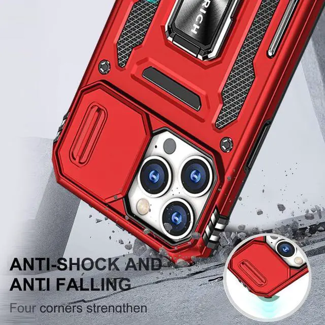 Alt view image 6 of 7 - Rugged Case for iPhone 13 Pro with Tempered Glass Screen Protector, Slide Camera Cover & Kickstand Military Grade Drop Proof Case Compatitable with Magnetic Holder, Red