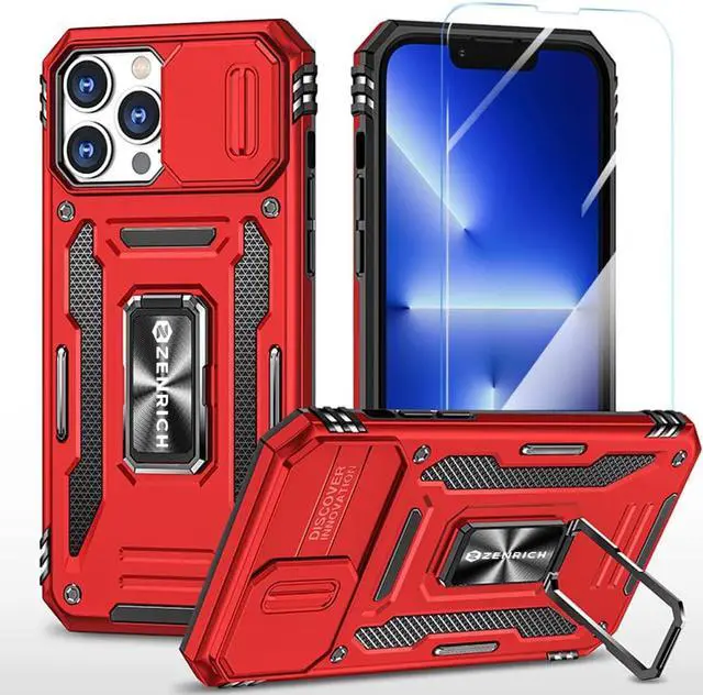 Main image of Rugged Case for iPhone 13 Pro with Tempered Glass Screen Protector, Slide Camera Cover & Kickstand Military Grade Drop Proof Case Compatitable with Magnetic Holder, Red